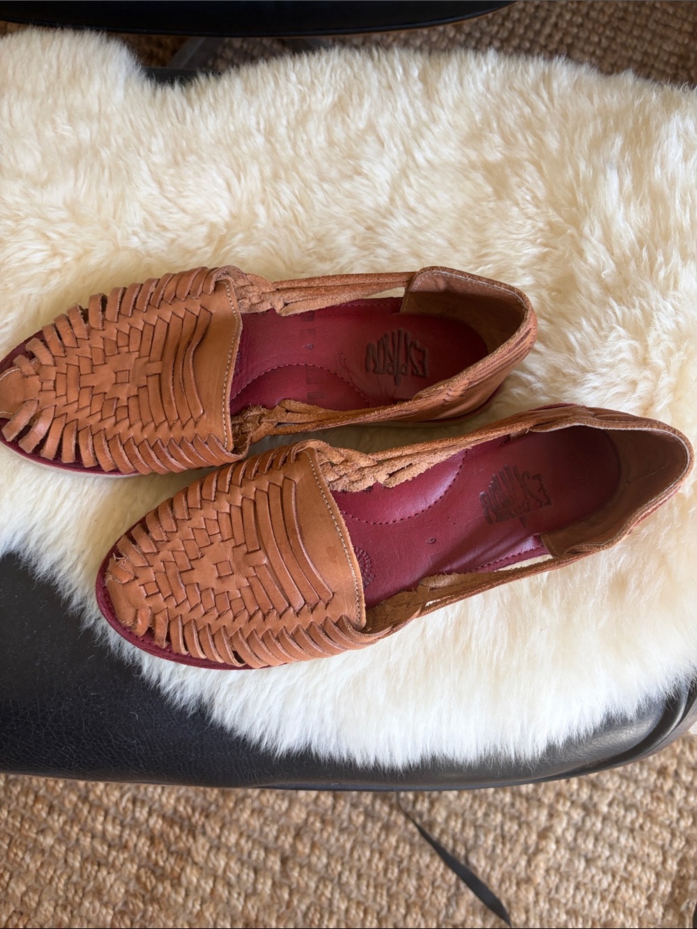 Woven Leather Huarache Slip-On Flats in Tan
